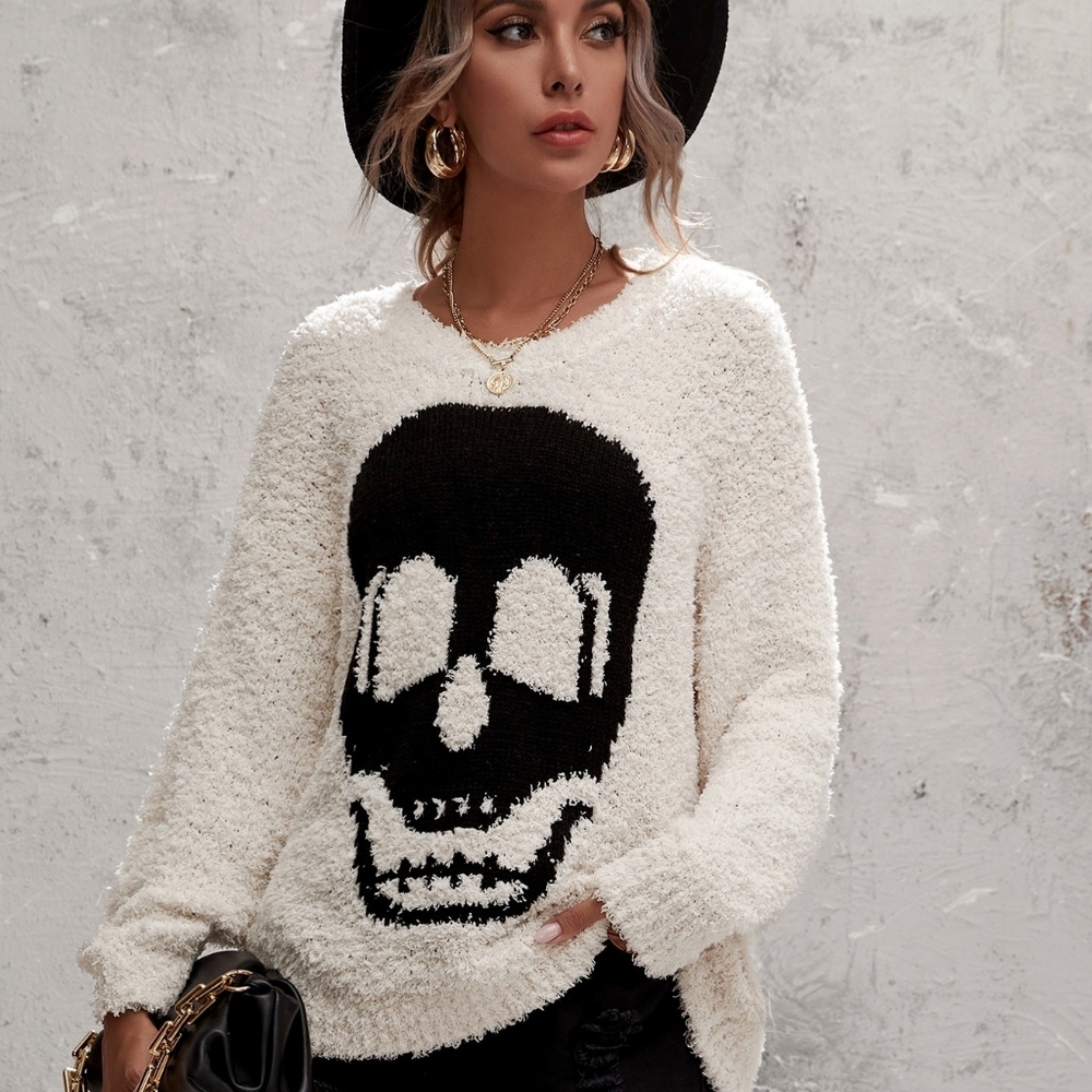 Fuzzy Knit Skull Graphic Sweater